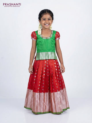 Silk kids lehenga light green and red with aari work neck pattern & puff sleeve and silver zari buttas & zari border for 4-5 years