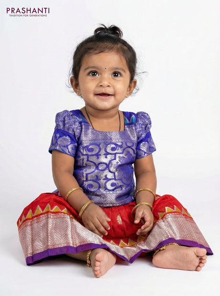 Silk kids lehenga blue and red with silver zari woven brocade weaves and silver zari buttas & zari border for 0-1 years