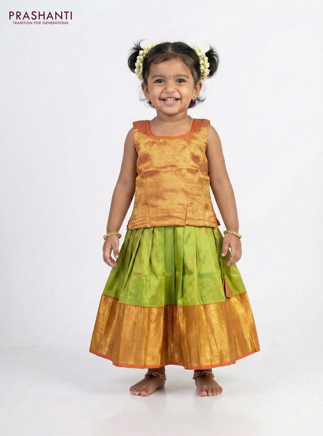Silk kids lehenga dual shade of mustard and light green with zari woven brocade weaves and zari buttas & zari border for 1-2 years