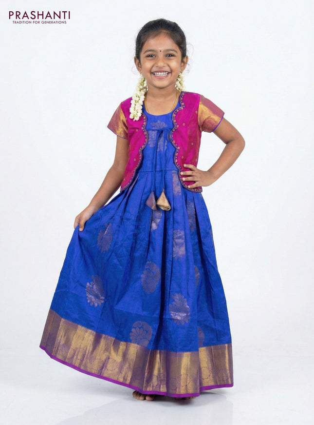 Silk kids lehenga pink and blue with aari work neck pattern and zari buttas & zari border for 5-6 years