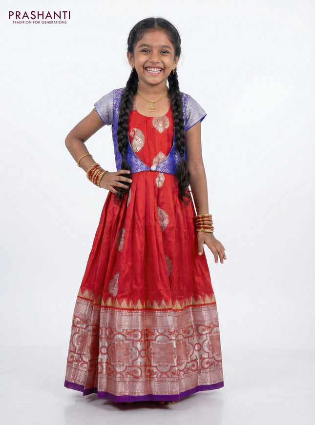 Silk kids lehenga blue and red with zari woven brocade weaves and silver zari woven buttas & border for 6-7 years