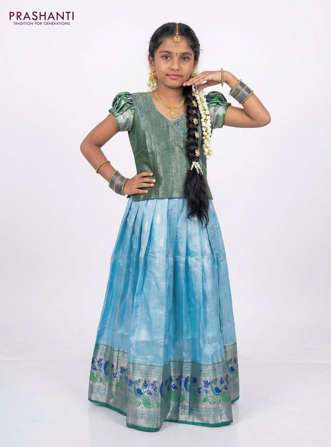 Silk kids lehenga green and light blue with silver zari woven brocade weaves & puff sleeve and silver zari woven paithani style border for 7-8 years