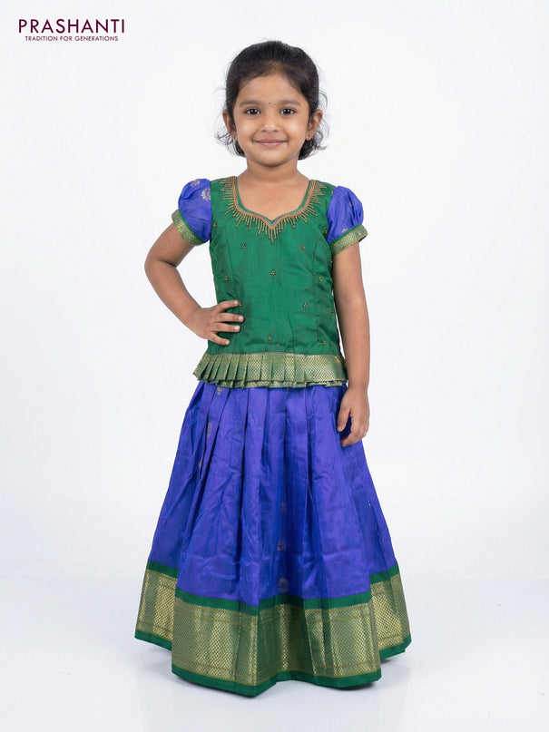 Silk kids lehenga green and blue with aari work neck pattern & puff sleeve and zari buttas & zari border for 3-4 years