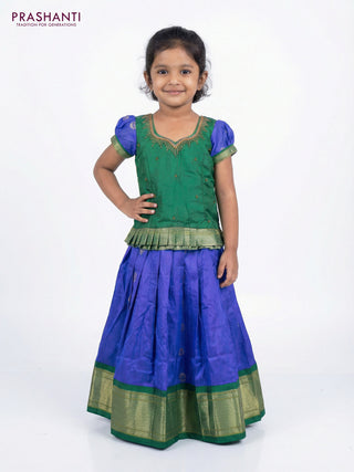Silk kids lehenga green and blue with aari work neck pattern & puff sleeve and zari buttas & zari border for 3-4 years