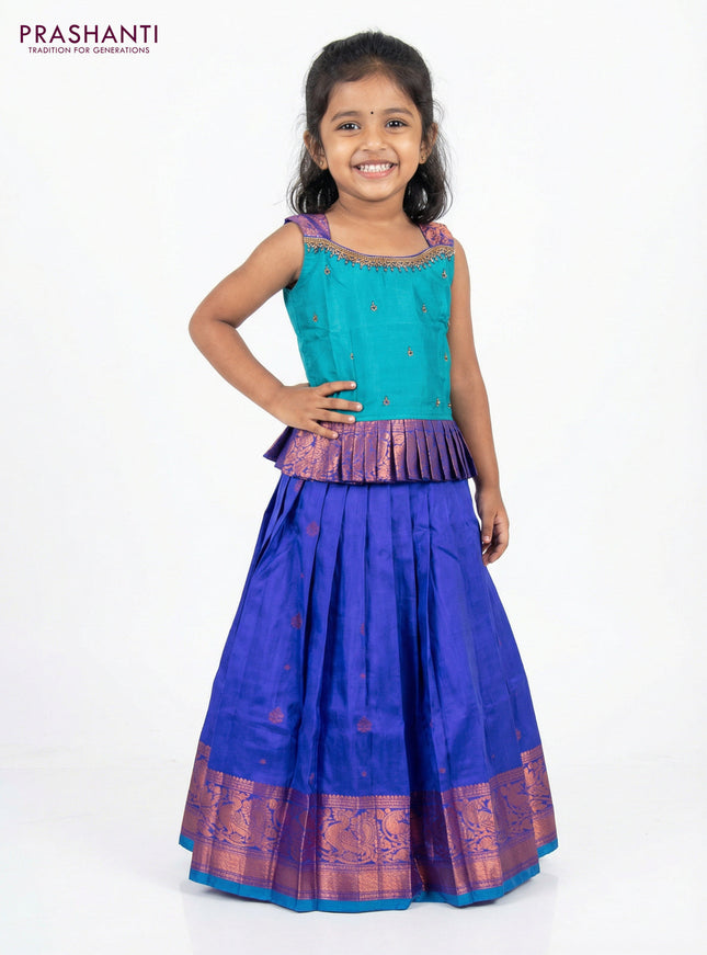 Silk kids lehenga green and royal blue with aari work neck pattern and zari buttas & zari border for 4-5 years