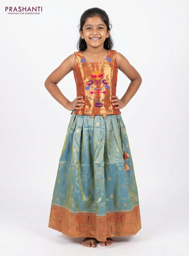 Silk kids lehenga dual top dual shade of teal green and dual shade of blue with aari work neck pattern & coat type and zari woven buttas & paithani style border for 7-8 years