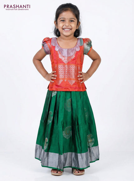 Silk kids lehenga dual shade of orange and green with silver zari woven brocade weaves & patch work neck pattern and silver zari buttas & silver border for 3-4 years