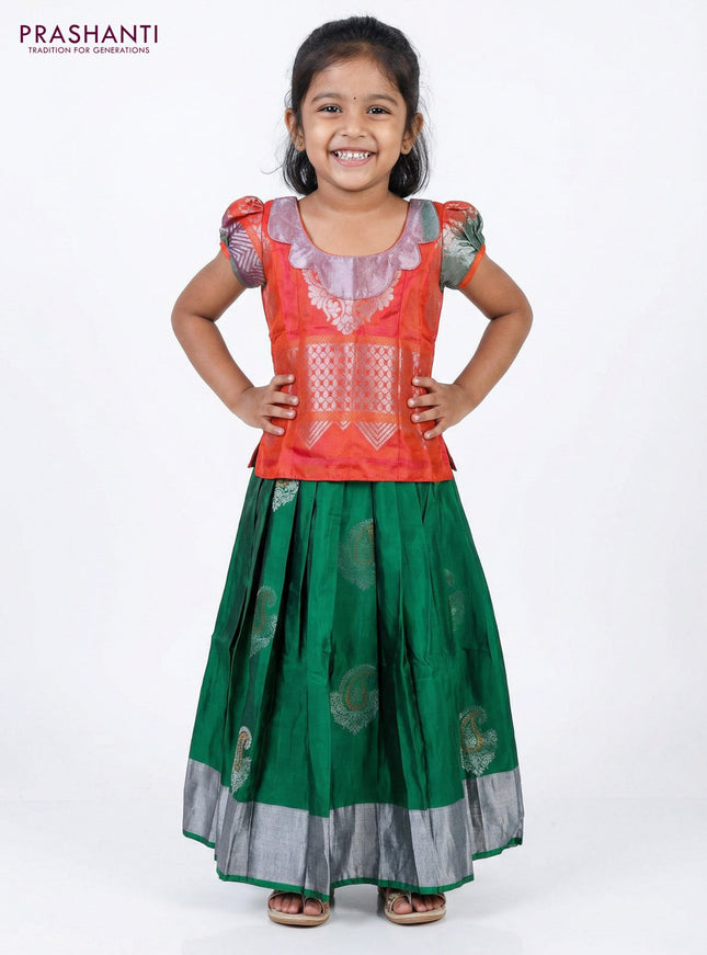 Silk kids lehenga dual shade of orange and green with silver zari woven brocade weaves & patch work neck pattern and silver zari buttas & silver border for 3-4 years