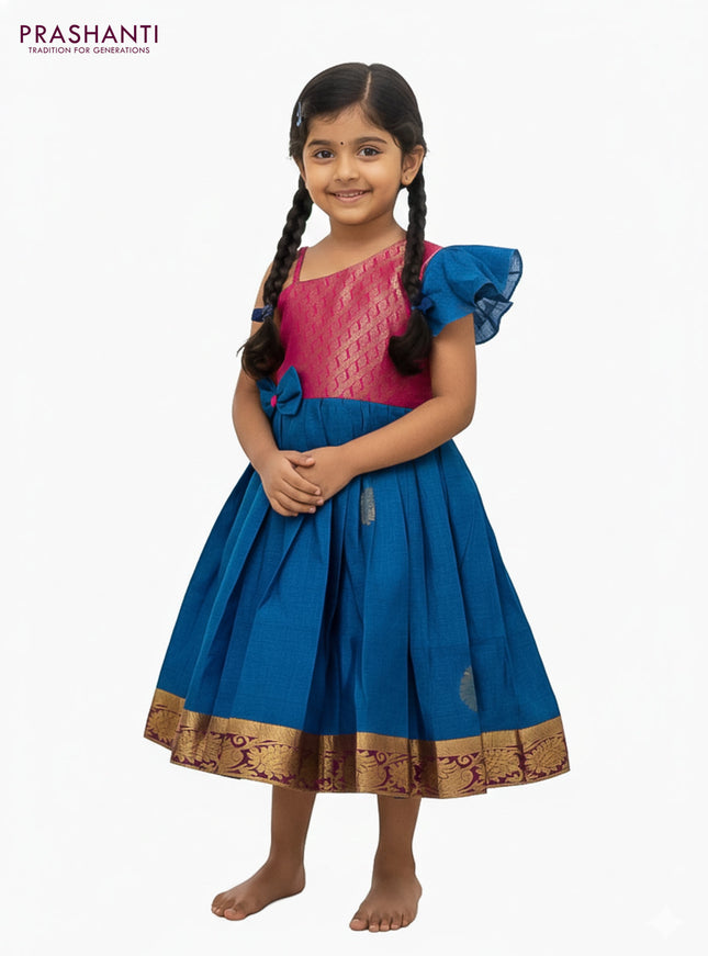Silk kids frock pink and cs blue with zari woven brocade weaves and zari woven border for 3-4 years