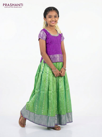 Silk kids lehenga purple and light green with aari work neck pattern and silver zari weaves & silver zari border for 9-10 years
