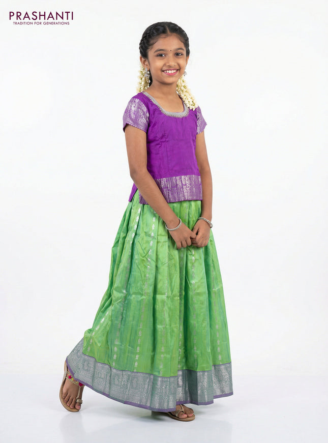 Silk kids lehenga purple and light green with aari work neck pattern and silver zari weaves & silver zari border for 9-10 years