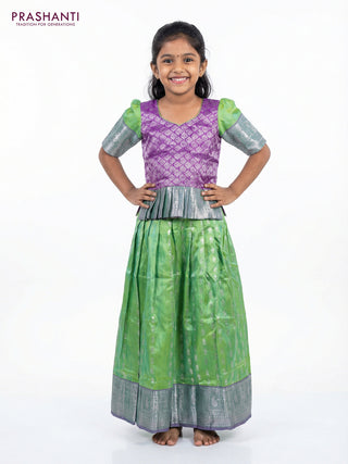 Silk kids lehenga purple and light green with silver zari woven brocade weaves and silver zari buttas & border for 6-7 years