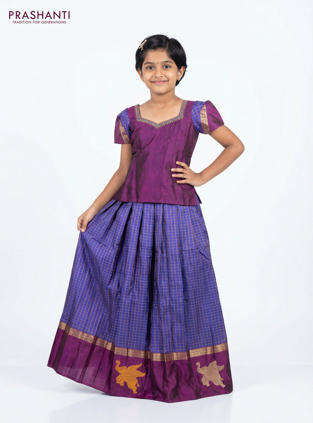 Silk kids lehenga purple and blue with aari work neck pattern and checked pattern & zari woven simple border for 8-9 years