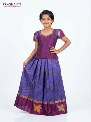 Silk kids lehenga purple and blue with aari work neck pattern and checked pattern & zari woven simple border for 8-9 years