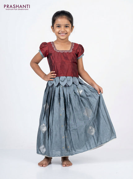 Silk kids lehenga maroon and grey with aari work neck pattern and beaded work border for 4-5 years