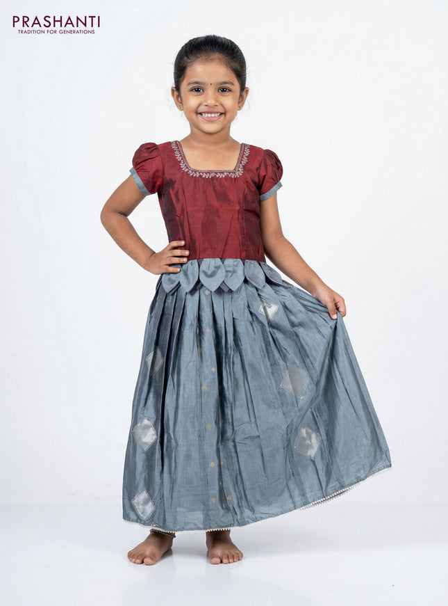 Silk kids lehenga maroon and grey with aari work neck pattern and beaded work border for 4-5 years