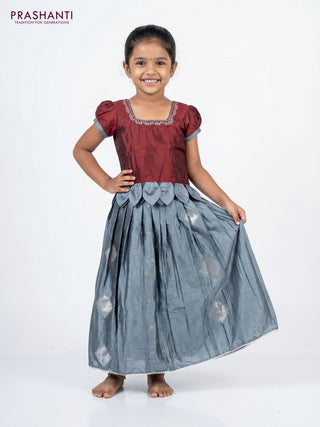 Silk kids lehenga maroon and grey with aari work neck pattern and beaded work border for 4-5 years