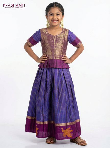 Silk kids lehenga deep purple and blue with zari woven brocade weaves and checked pattern & zari border for 7-8 years