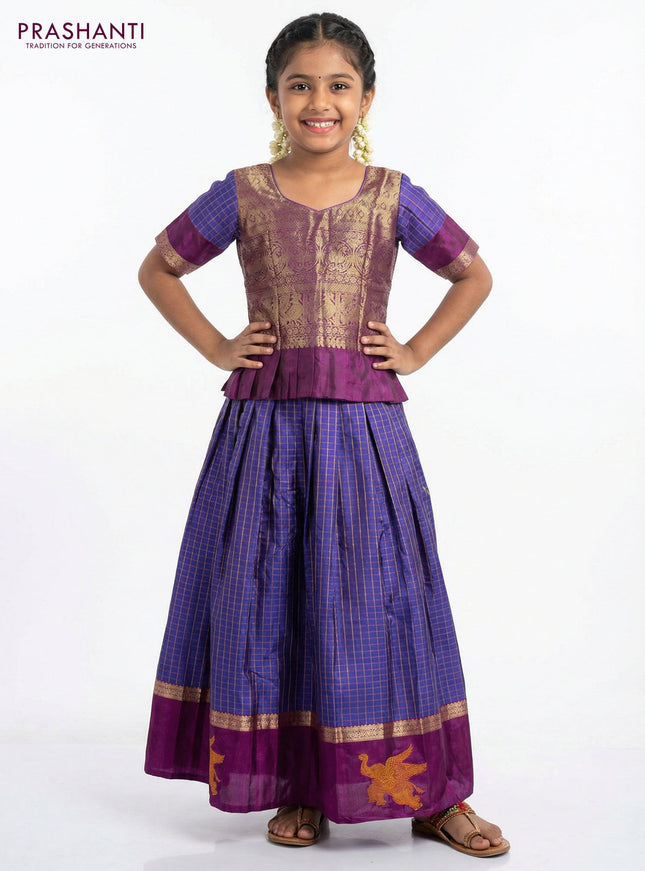 Silk kids lehenga deep purple and blue with zari woven brocade weaves and checked pattern & zari border for 7-8 years