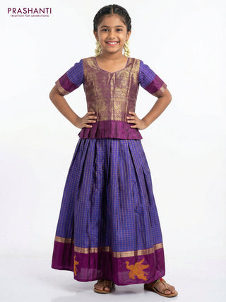 Silk kids lehenga deep purple and blue with zari woven brocade weaves and checked pattern & zari border for 7-8 years