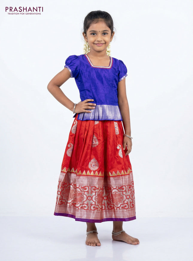 Silk kids lehenga royal blue and red with aari work neck pattern and long silver zari woven border for 5-6 years