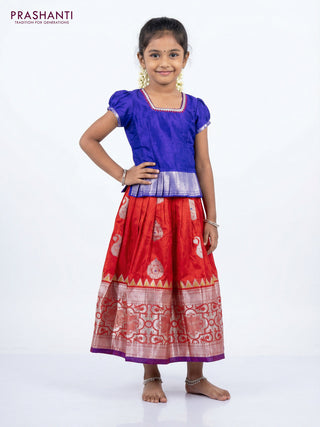 Silk kids lehenga royal blue and red with aari work neck pattern and long silver zari woven border for 5-6 years
