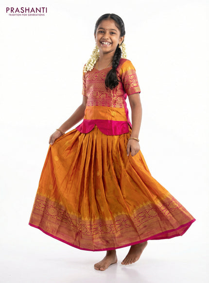 Silk kids lehenga pink and dual shade of mustard yellow with zari woven brocade weaves and zari buttas & long zari woven border for 8-9 years