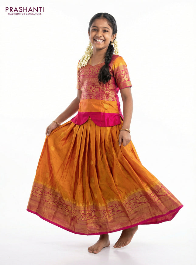 Silk kids lehenga pink and dual shade of mustard yellow with zari woven brocade weaves and zari buttas & long zari woven border for 8-9 years