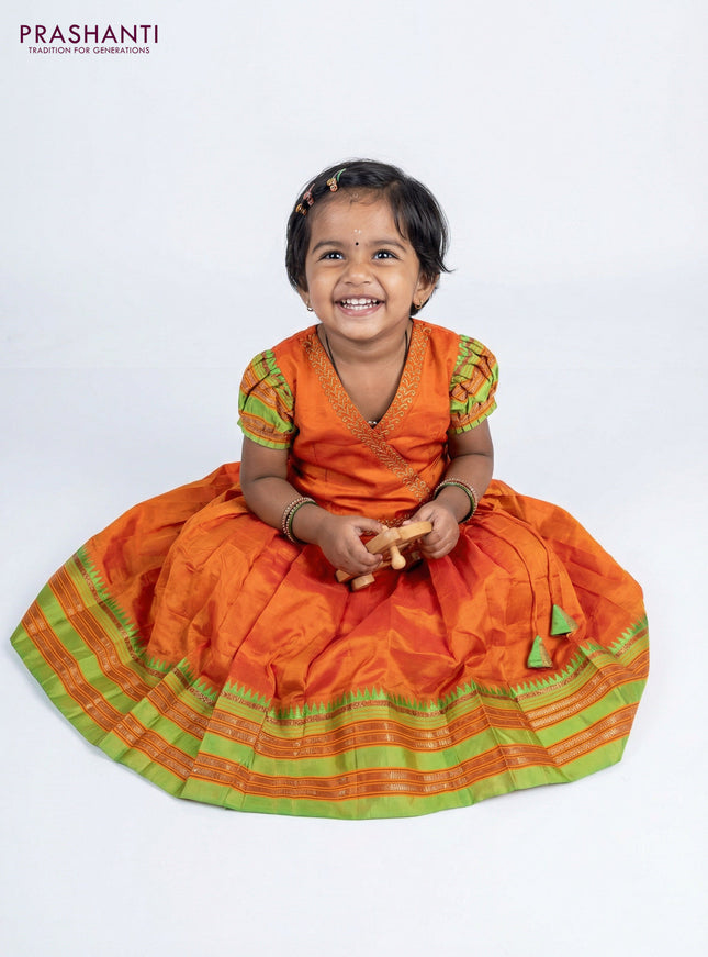 Silk kids lehenga orange with aari work neck pattern and temple design zari woven border for 1-2 years