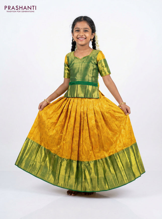 Silk kids lehenga green and mango yellow with zari woven brocade weaves and zari weaves & long zari border for 7-8 years