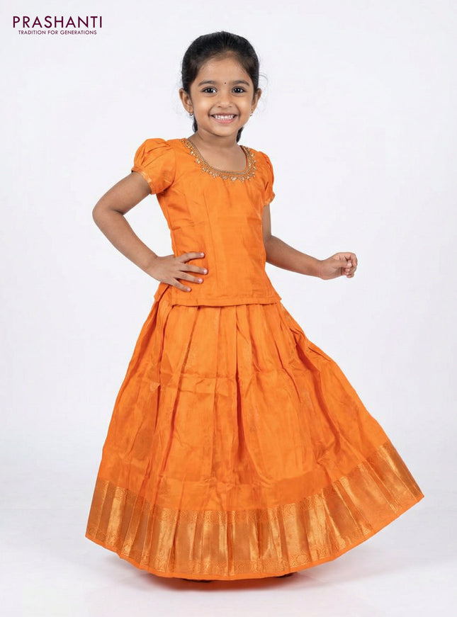 Silk kids lehenga orange with aari work neck pattern and zari buttas & zari woven border for 4-5 years