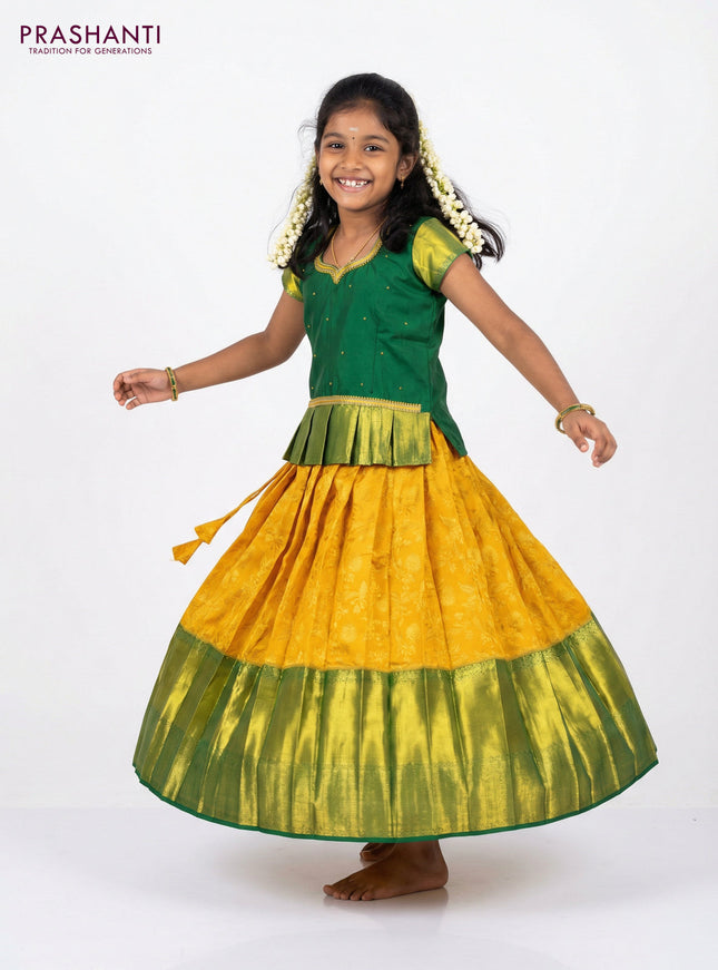 Silk kids lehenga dark green and mango yellow with aari work neck pattern and zari weaves & long zari woven border for 7-8 years