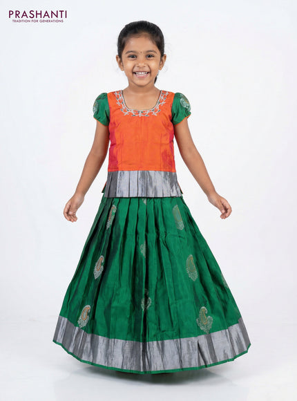 Silk kids lehenga dual shade of pinkish orange and green with aari work neck pattern and zari buttas & temple design zari woven border for 4-5 years