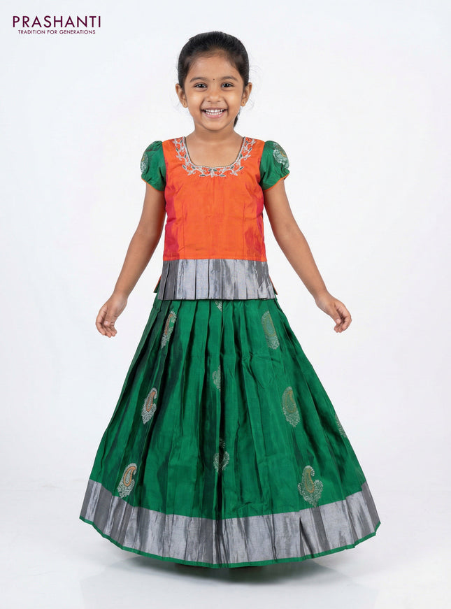 Silk kids lehenga dual shade of pinkish orange and green with aari work neck pattern and zari buttas & temple design zari woven border for 4-5 years