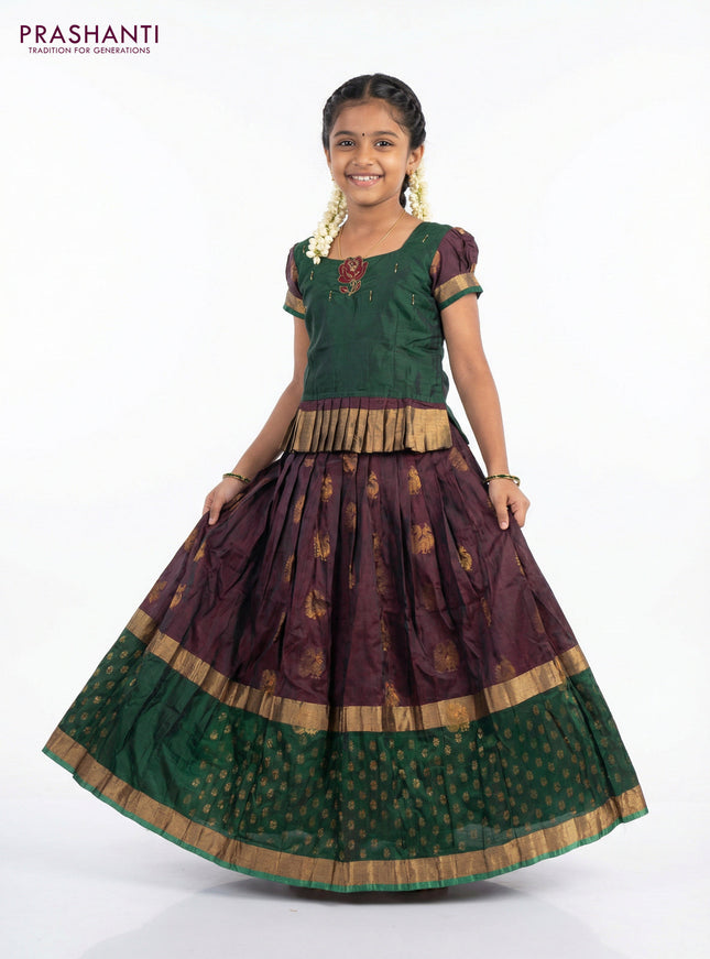 Silk kids lehenga green and deep maroon with aari work neck pattern and zari woven butta border for 8-9 years