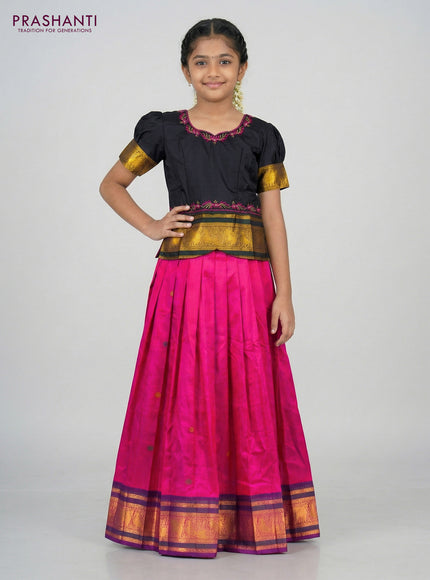 Silk kids lehenga black and pink with aari work neck pattern and thread woven border for 6-7 years