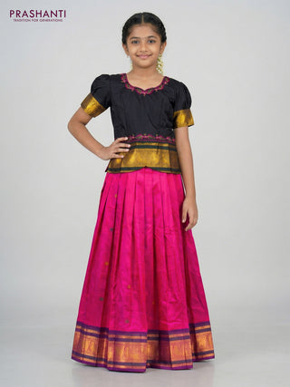 Silk kids lehenga black and pink with aari work neck pattern and thread woven border for 6-7 years