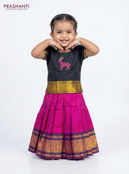 Silk kids lehenga black and pink with embroidery work butta neck style and thread woven border for 0-1 years