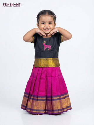 Silk kids lehenga black and pink with embroidery work butta neck style and thread woven border for 0-1 years