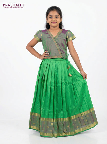 Silk kids lehenga dual shade of pinkish green and light green with aari work neck pattern and zari woven border for 8-9 years