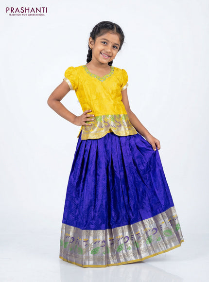Silk kids lehenga yellow and blue with aari work neck pattern and long silver zari woven border for 7-8 years