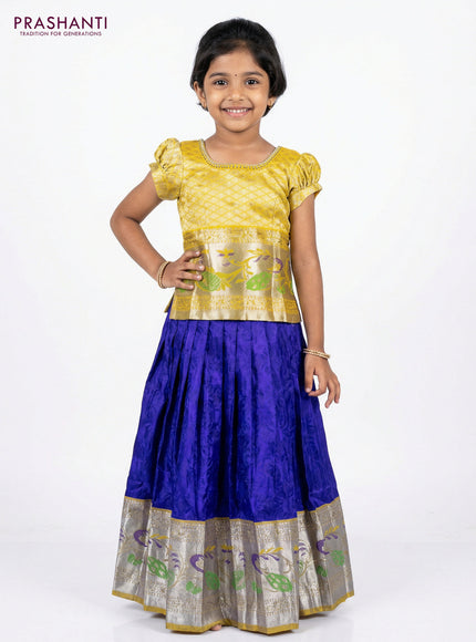 Silk kids lehenga yellow and blue with silver zari woven brocade weaves & aari work neck pattern and zari woven border for 5-6 years