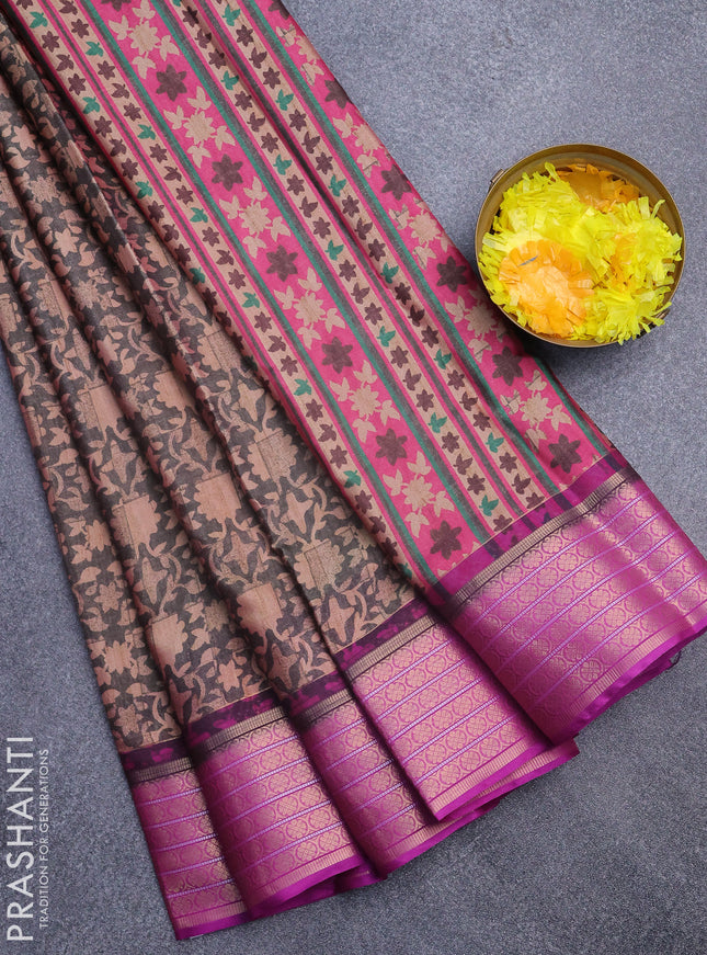Semi kanchipuram silk saree grey shade and purple with allover digital prints and zari woven border