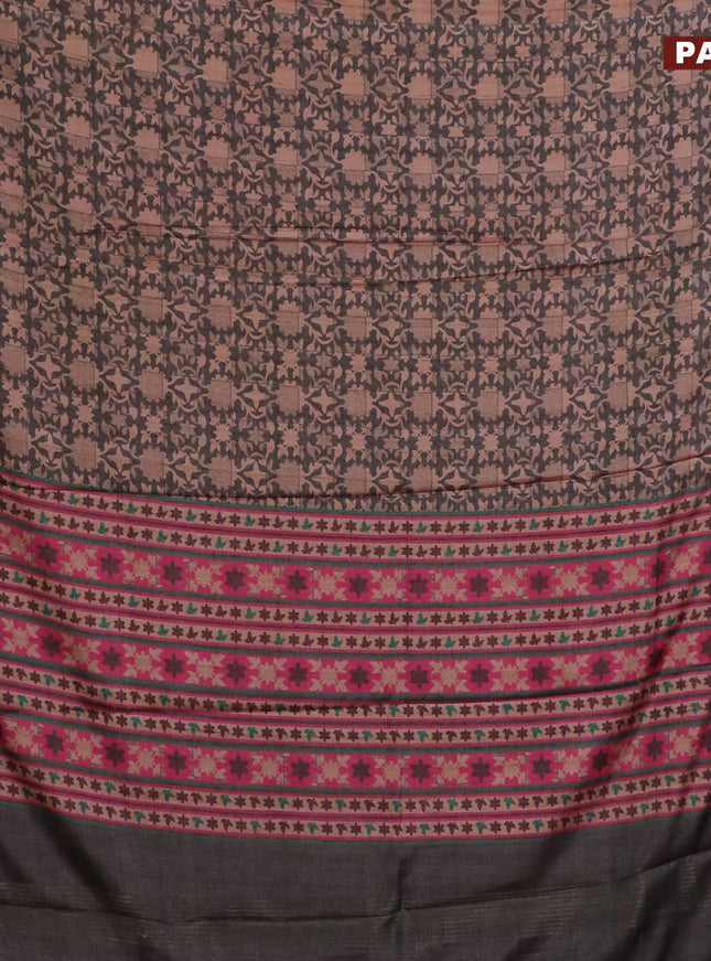 Semi kanchipuram silk saree grey shade and purple with allover digital prints and zari woven border