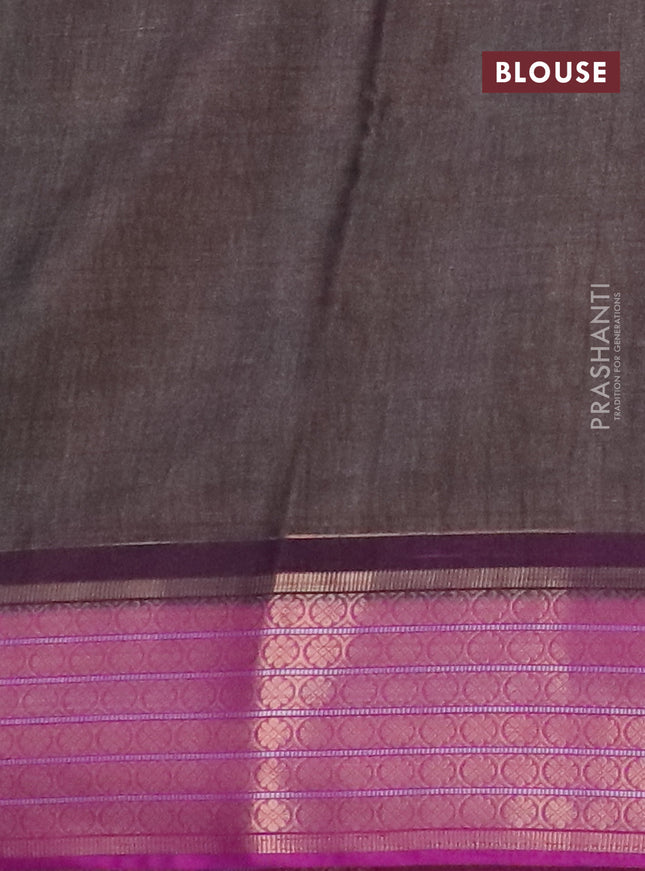 Semi kanchipuram silk saree grey shade and purple with allover digital prints and zari woven border