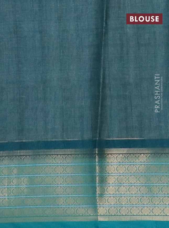 Semi kanchipuram silk saree teal green shade with allover digital prints and zari woven border