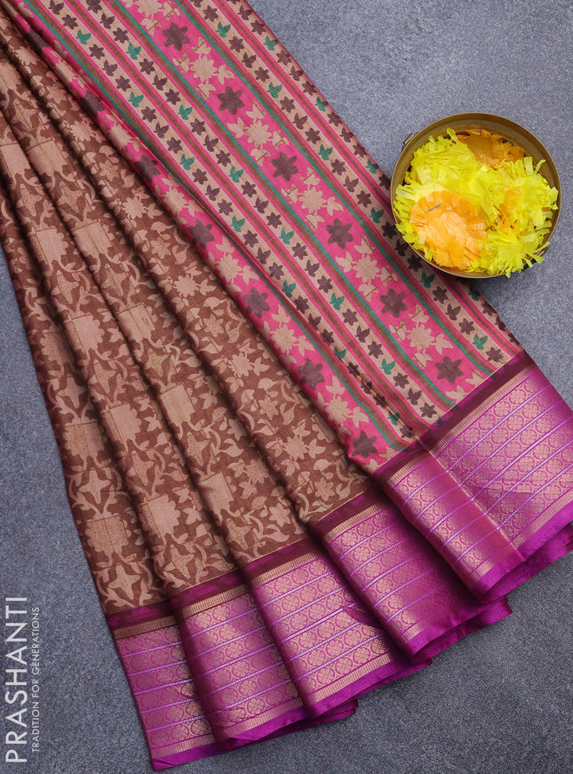 Semi kanchipuram silk saree rust shade and purple with allover digital prints and zari woven border