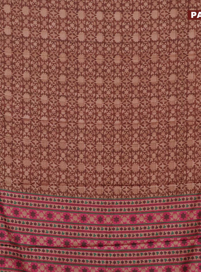 Semi kanchipuram silk saree rust shade and purple with allover digital prints and zari woven border