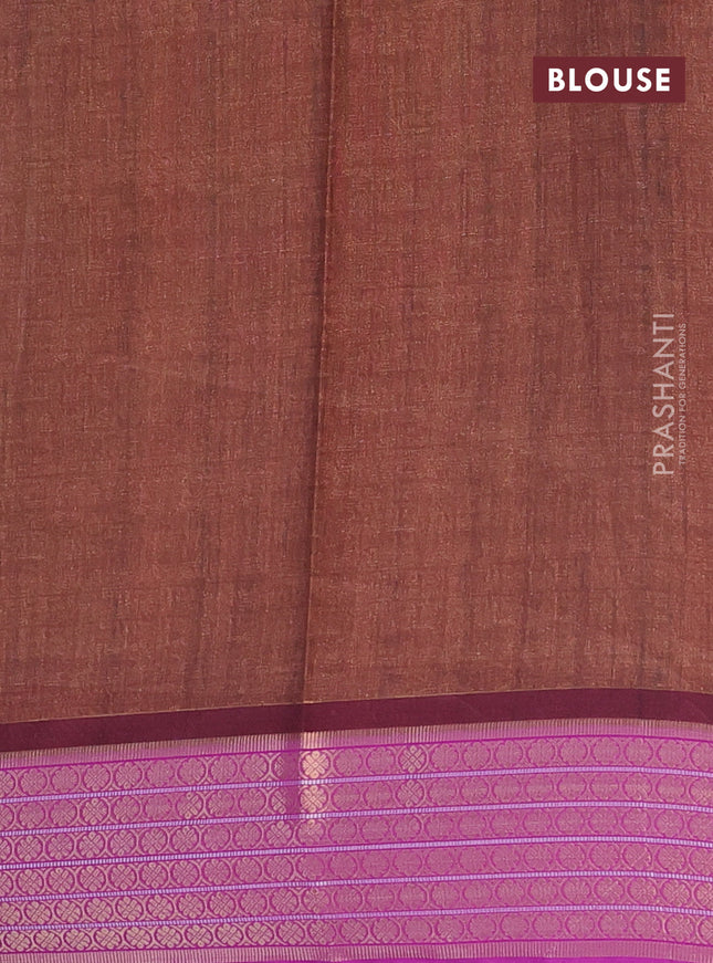 Semi kanchipuram silk saree rust shade and purple with allover digital prints and zari woven border