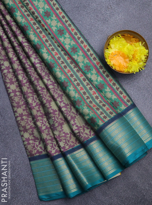 Semi kanchipuram silk saree mild purple and teal green with allover digital prints and zari woven border
